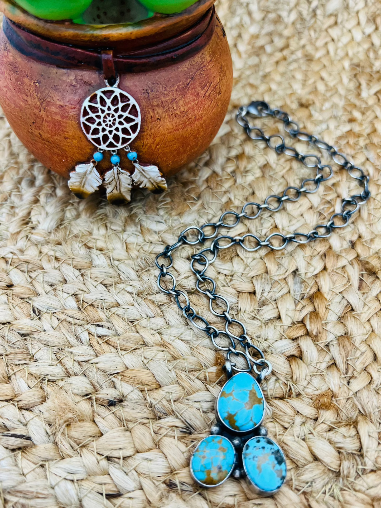 Navajo Artist 3 Stone Turquoise Bar Necklace 18" Chain Oxidized Sterling Silver