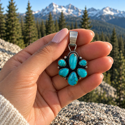 Sheila Becenti turquoise cluster pendant held in a hand outdoors with pine trees and mountains behind, showing its 2-inch size