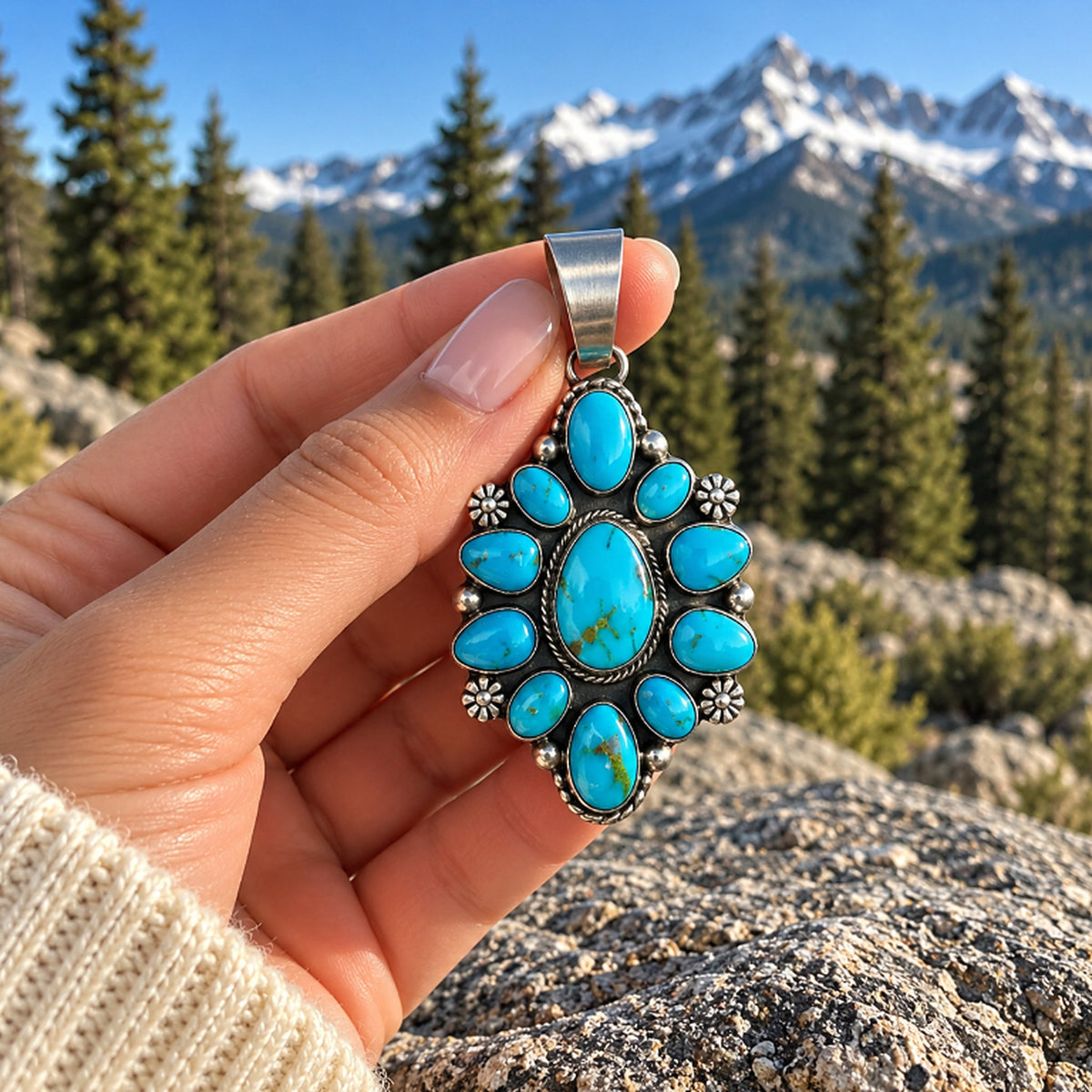 Kathleen Livingston turquoise cluster pendant held in a hand outdoors with pine trees and mountains behind, showing its 2.5-inch size