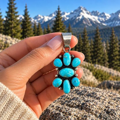 Sheila Becenti Blue Bird turquoise pendant held in a hand outdoors with pine trees and mountains behind, showing its 2.5-inch size