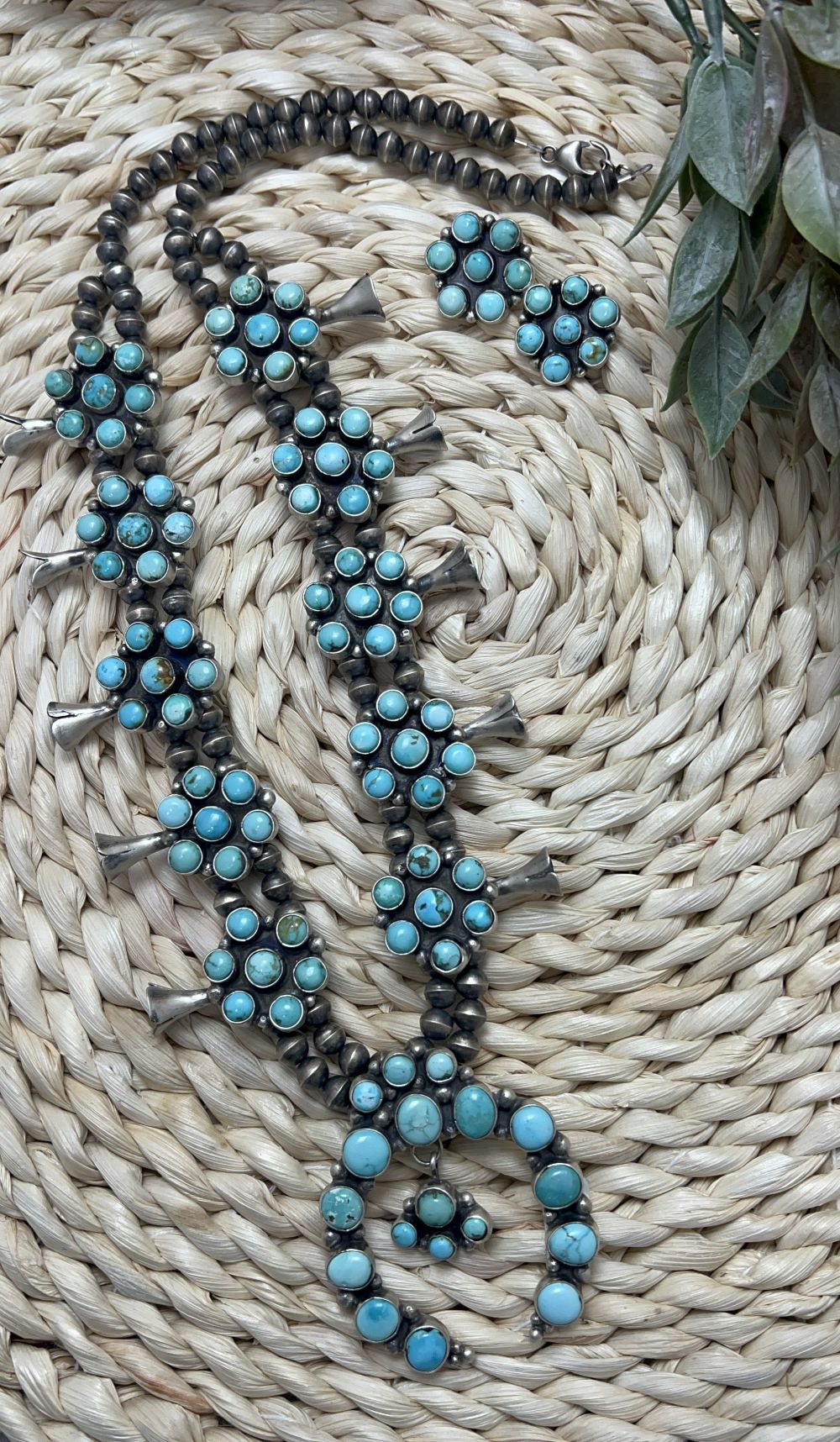 Blue Sonoran Turquoise Large Cluster Squash Blossom and Earrings