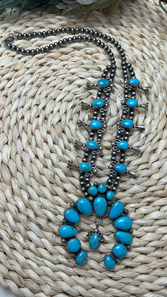 Blue Sonoran Turquoise Large Squash Blossom and Earrings Set