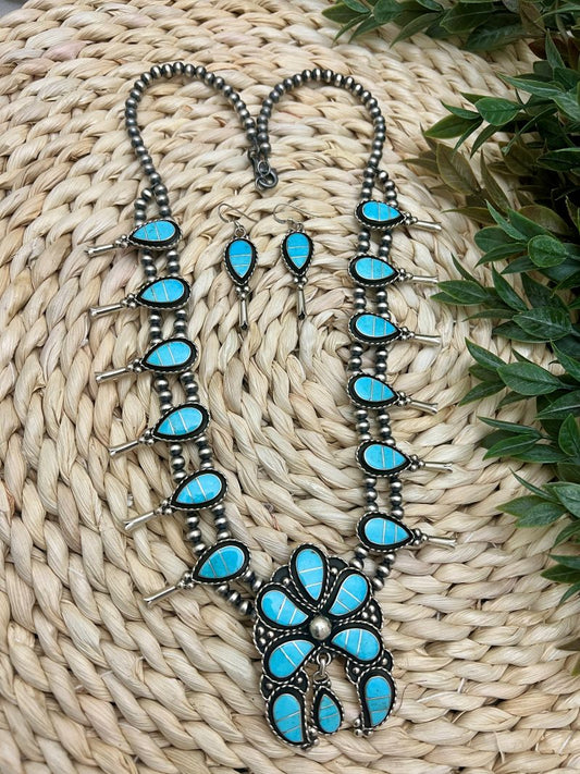 Zuni Turquoise Inlay Squash Blossom Necklace & Earring Set
