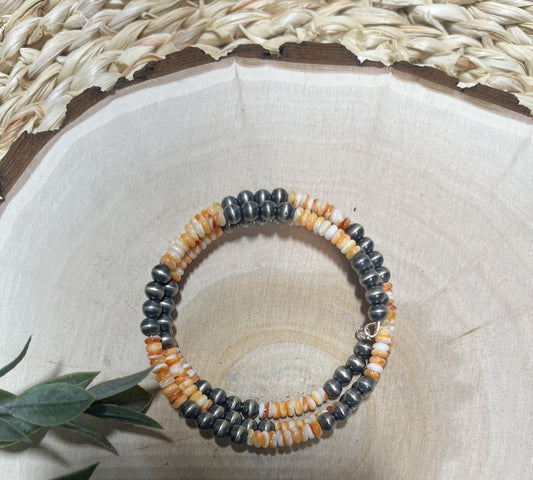5mm Santa Fe Pearls and Orange Spiny 3 row Memory Bracelet
