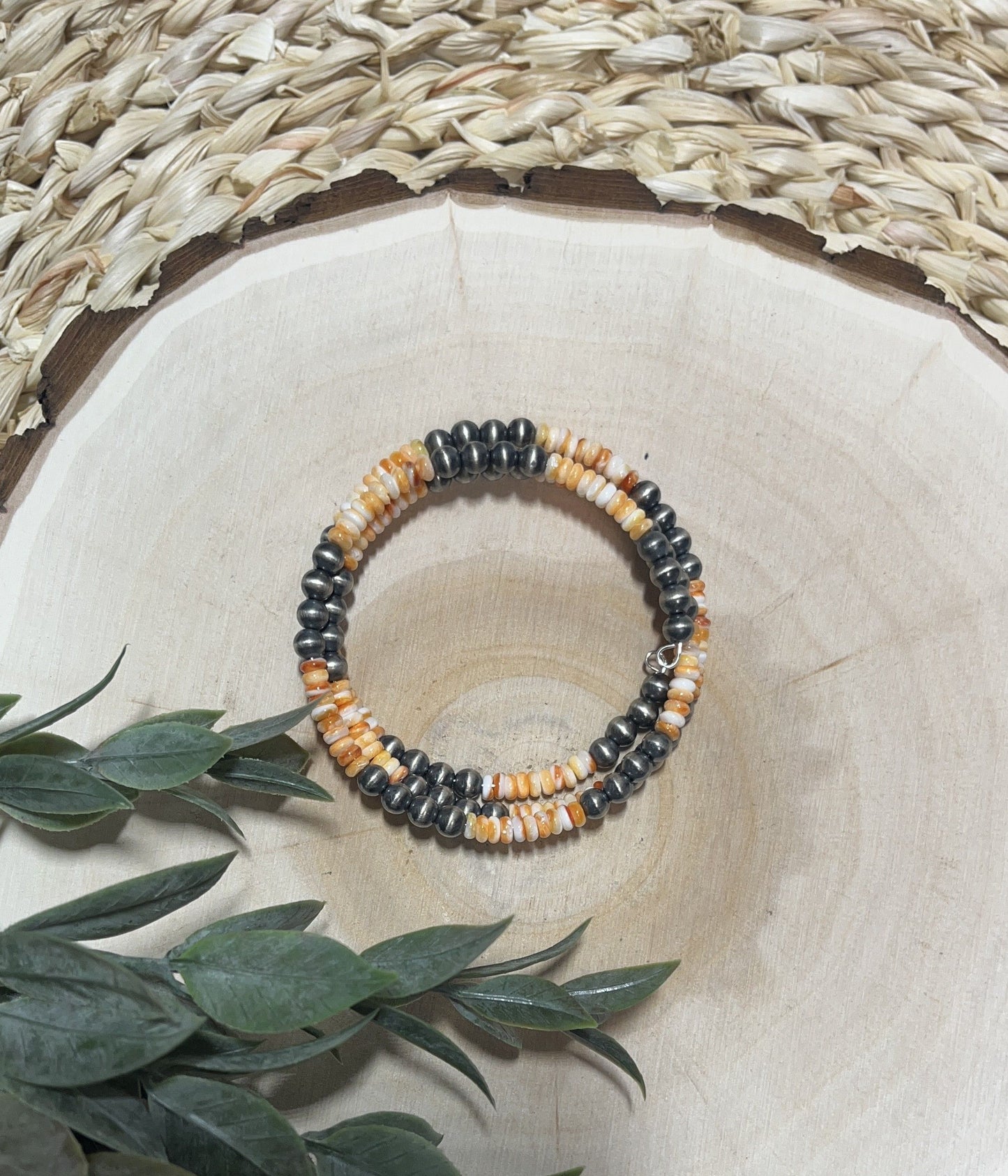 5mm Santa Fe Pearls and Orange Spiny 3 row Memory Bracelet