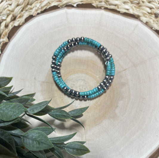 5mm Santa Fe Pearls and Turquoise 3-row Memory Bracelet
