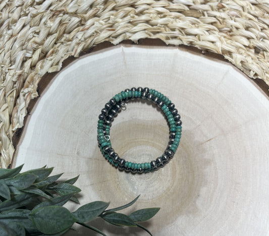 5mm Santa Fe Pearls and Green Turquoise 3-row Memory Bracelet