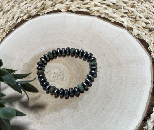 9mm Santa Fe Saucer Pearls & Green Turquoise Stretch Bracelet