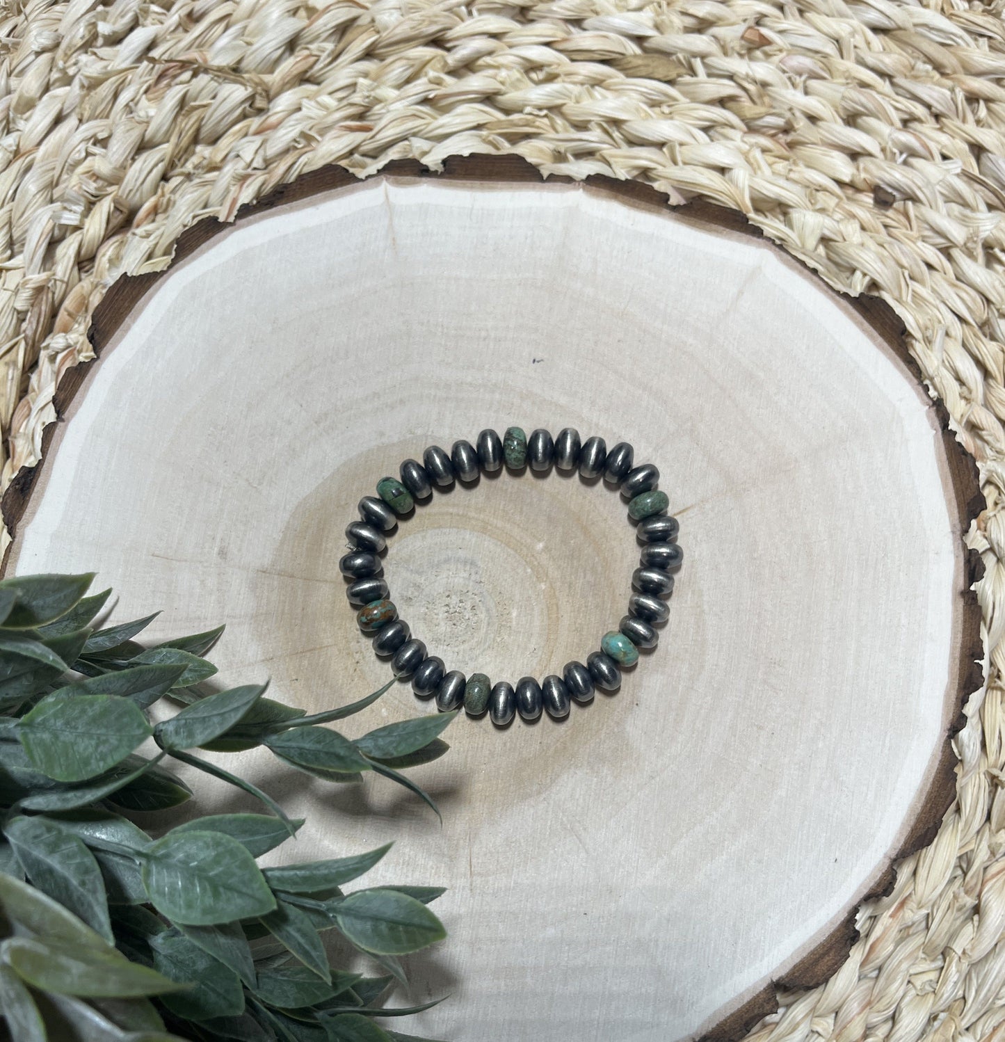 9mm Santa Fe Saucer Pearls & Green Turquoise Stretch Bracelet