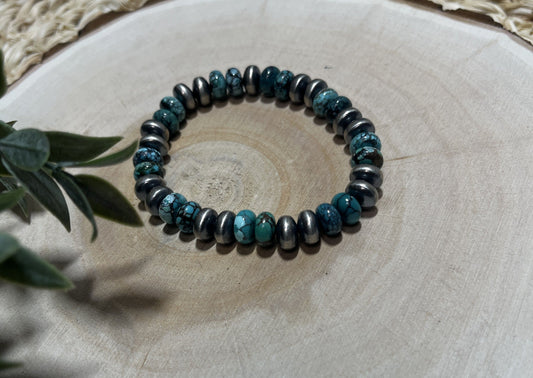 9mm Santa Fe Saucer Pearls & Turquoise Stretch Bracelet