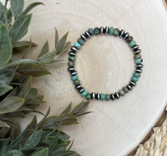 7mm Santa Fe Saucer Pearls & Turquoise Stretch Bracelet