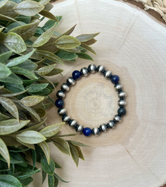 8mm Santa Fe Pearls & Lapis Stretch Bracelet