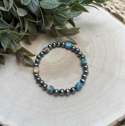 6mm Santa Fe Pearls & Turquoise & Spiny Stretch Bracelet