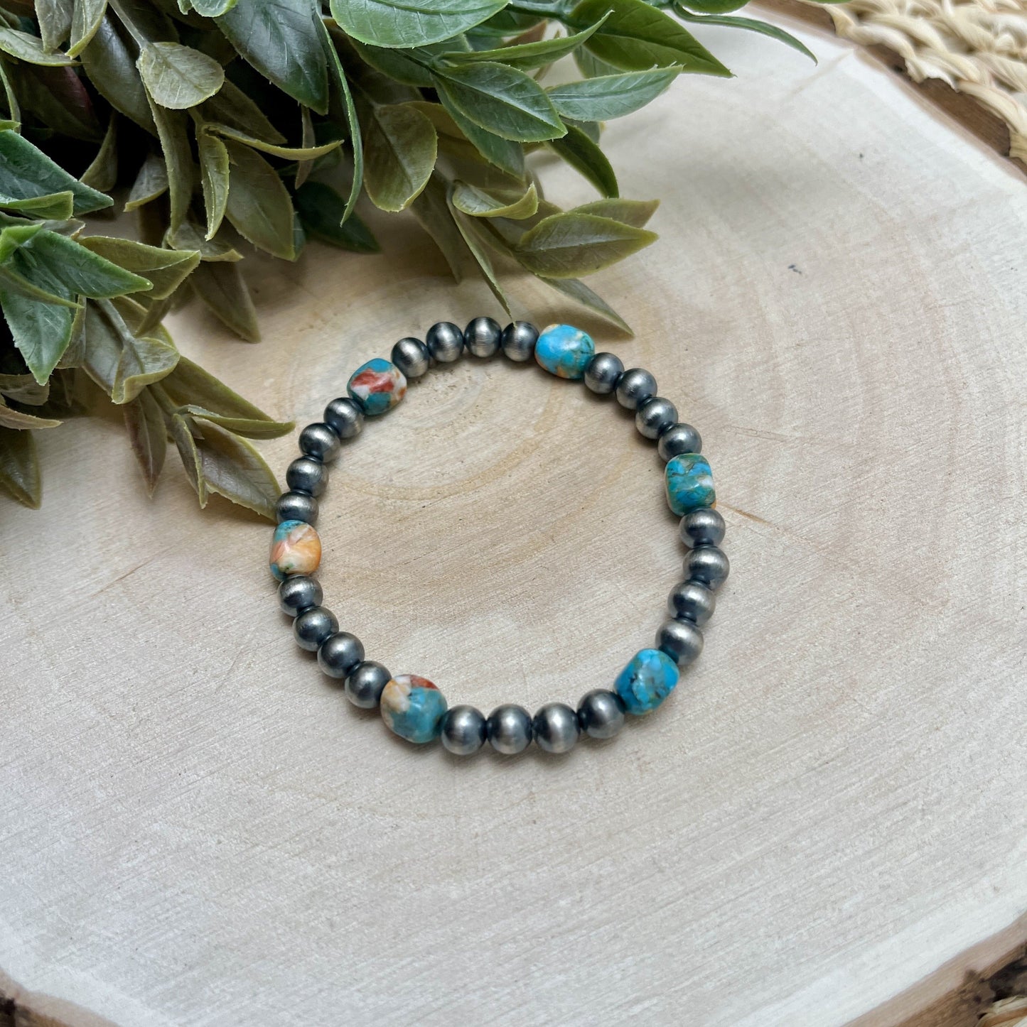 6mm Santa Fe Pearls & Turquoise & Spiny Stretch Bracelet