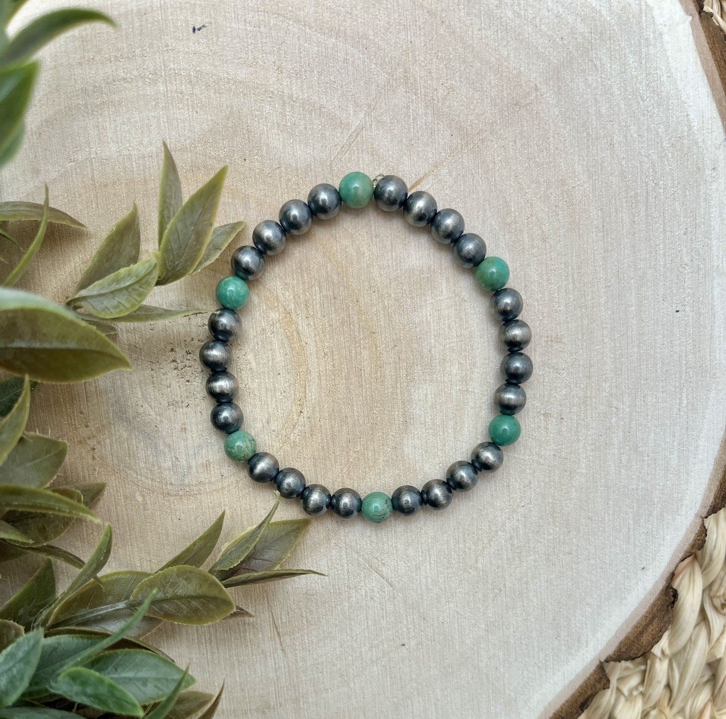 6mm Santa Fe Pearls & Green Turquoise Stretch Bracelet