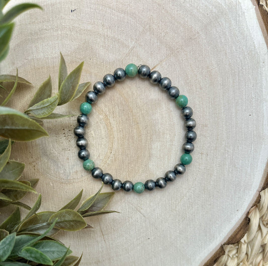 6mm Santa Fe Pearls & Green Turquoise Stretch Bracelet