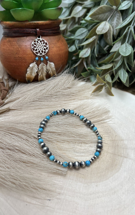 Santa Fe Pearls & Blue Turquoise Graduated Stretch Bracelet