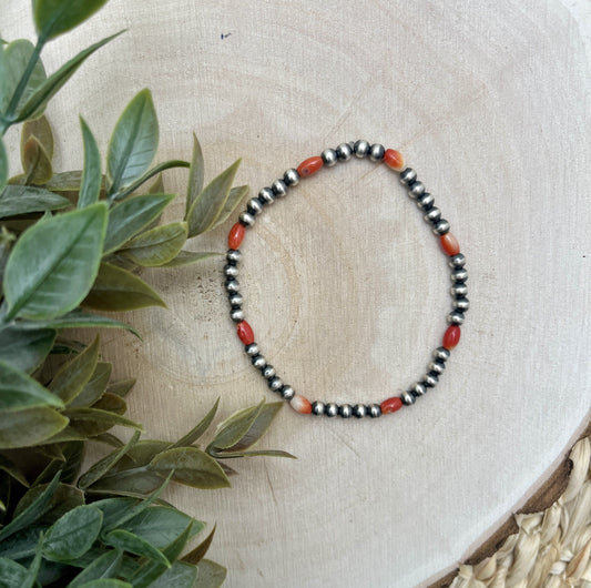 4mm Santa Fe Pearls & Red Spiny Stretch Bracelet