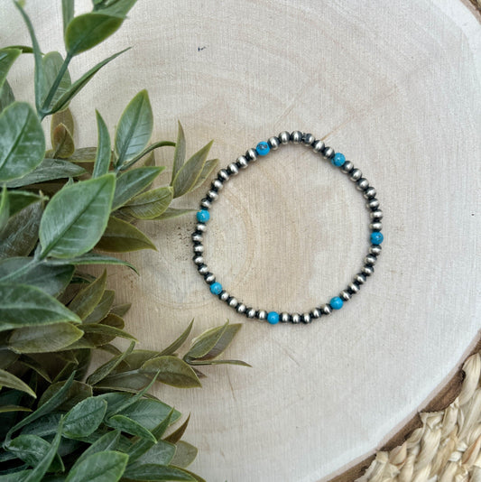 4mm Santa Fe Pearls & Blue Turquoise Stretch Bracelet