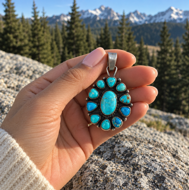 Sheila Becenti 11-Stone Sonoran Mountain Turquoise Cluster Pendant, Navajo Sterling Silver