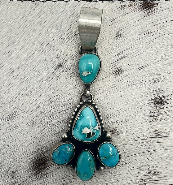 Betty Tom 5-Stone Nevada Blue Bird Turquoise Drop Pendant, Navajo Sterling Silver