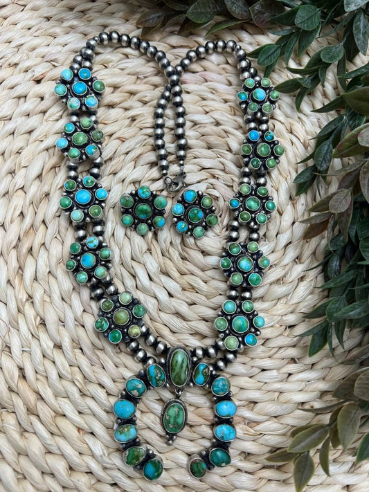 Blue - Green Sonoran Turquoise Cluster Squash Blossom Set - Sunset TQ Mountain