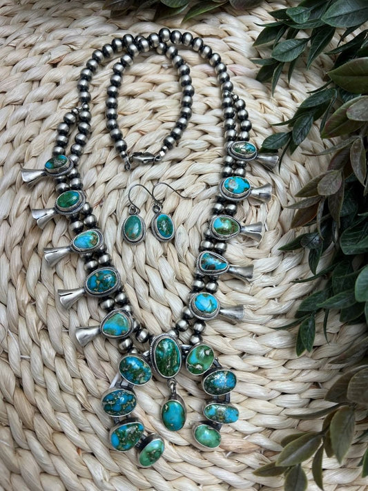 Blue - Green Sonoran Turquoise Cluster Squash Blossom Set - Sunset TQ Mountain