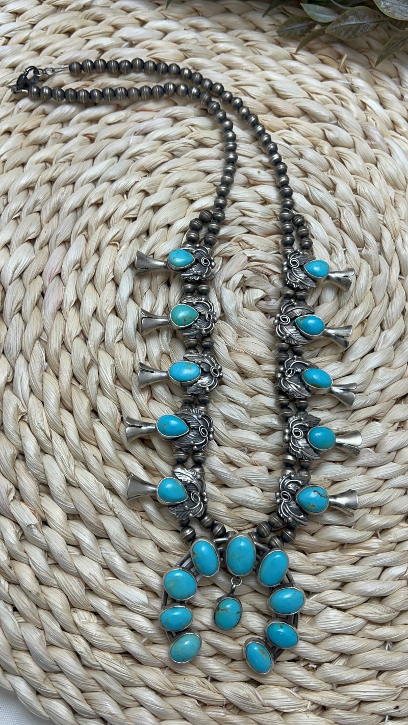 Blue - Green Sonoran Turquoise Leaf Squash Blossom and Earrings Set - Sunset TQ Mountain