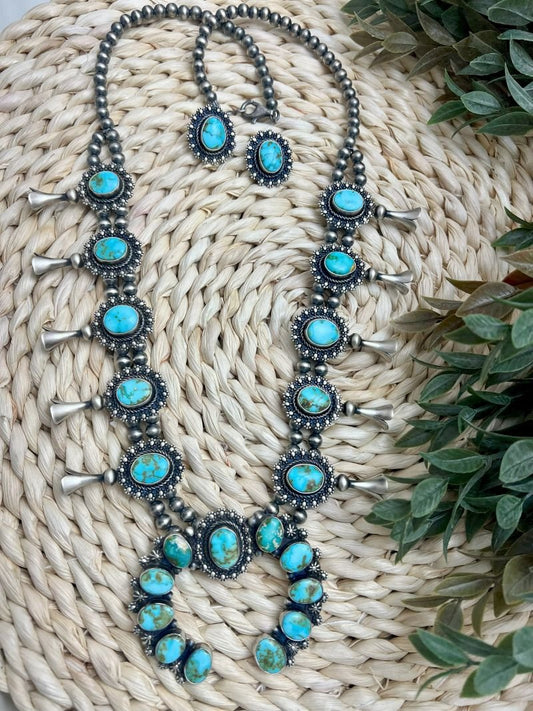 Blue - Green Sonoran Turquoise Squash Blossom Set - Sunset TQ Mountain