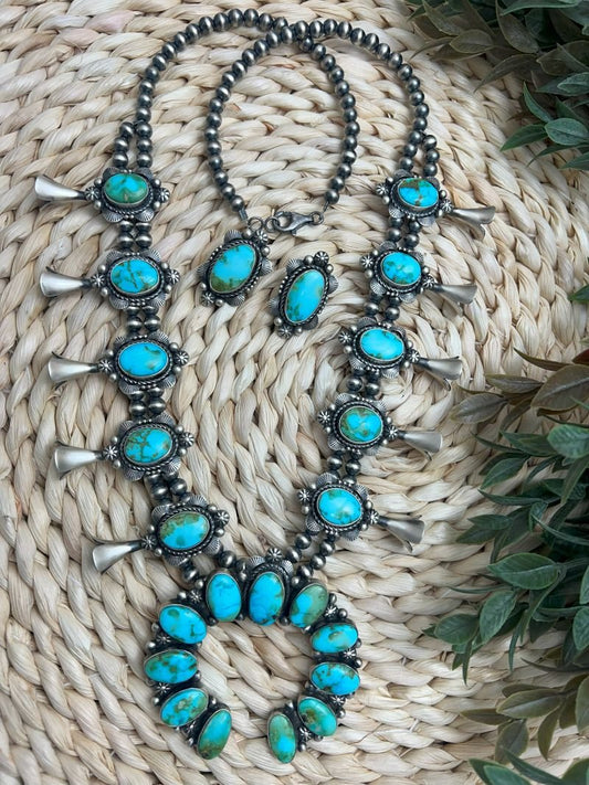 Blue - Green Sonoran Turquoise Squash Blossom Set - Sunset TQ Mountain