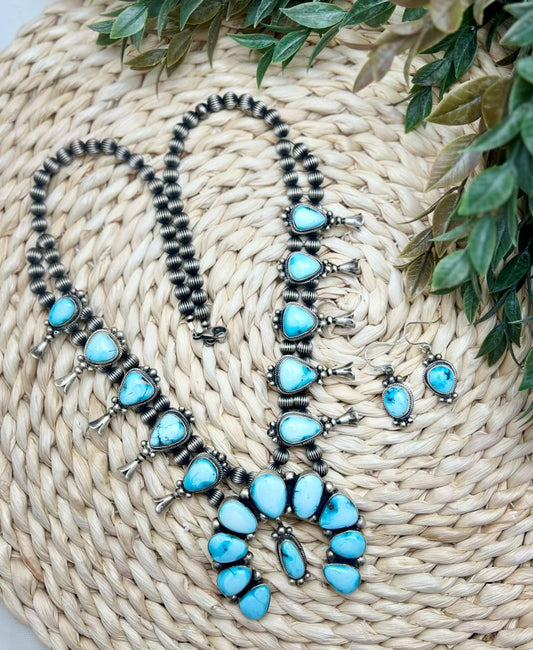 Blue Ridge Turquoise Squash Blossom Necklace and Earring Set - Sunset TQ Mountain