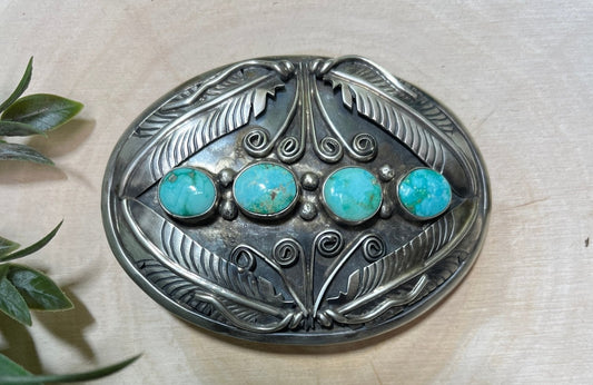 Blue Sonoran Turquoise and Feather Buckle - Sunset TQ Mountain
