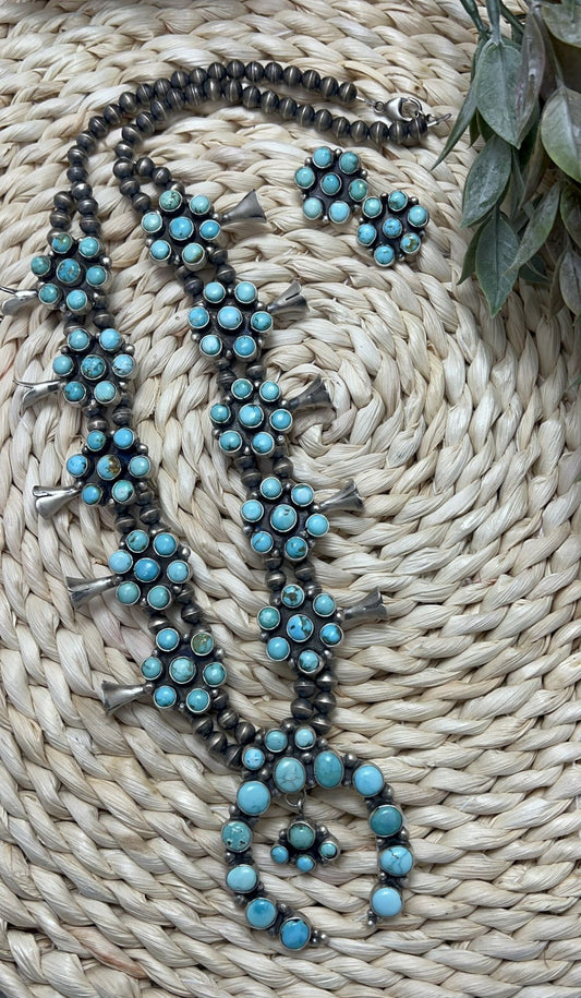 Blue Sonoran Turquoise Large Cluster Squash Blossom and Earrings - Sunset TQ Mountain