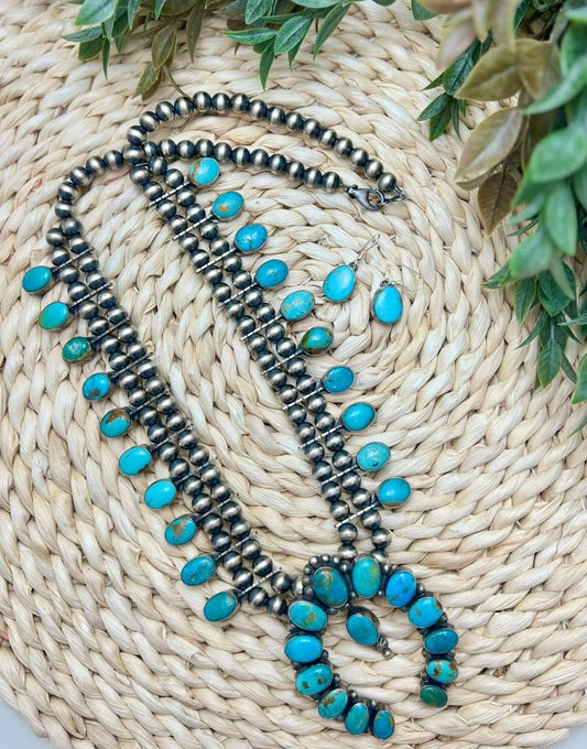 Blue Sonoran Turquoise Squash Blossom and Earrings Set - Sunset TQ Mountain