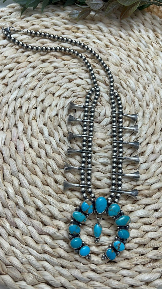 Blue Sonoran Turquoise Squash Blossom Necklace - Sunset TQ Mountain