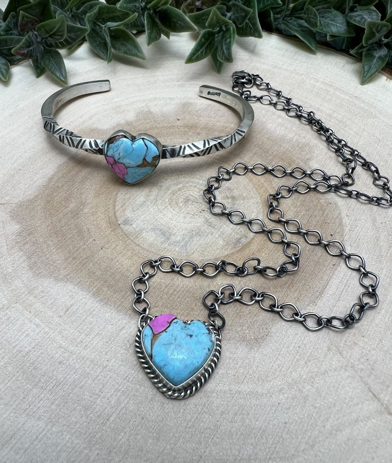 Cotton Candy Heart Bar Necklace & Cuff Bracelet Set - Sunset TQ Mountain