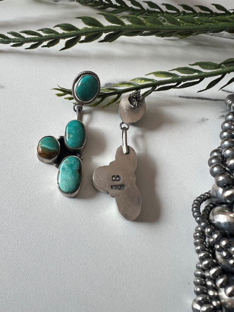 Daniel Benally 4 - stone Turquoise Post Dangle Earrings - Sunset TQ Mountain