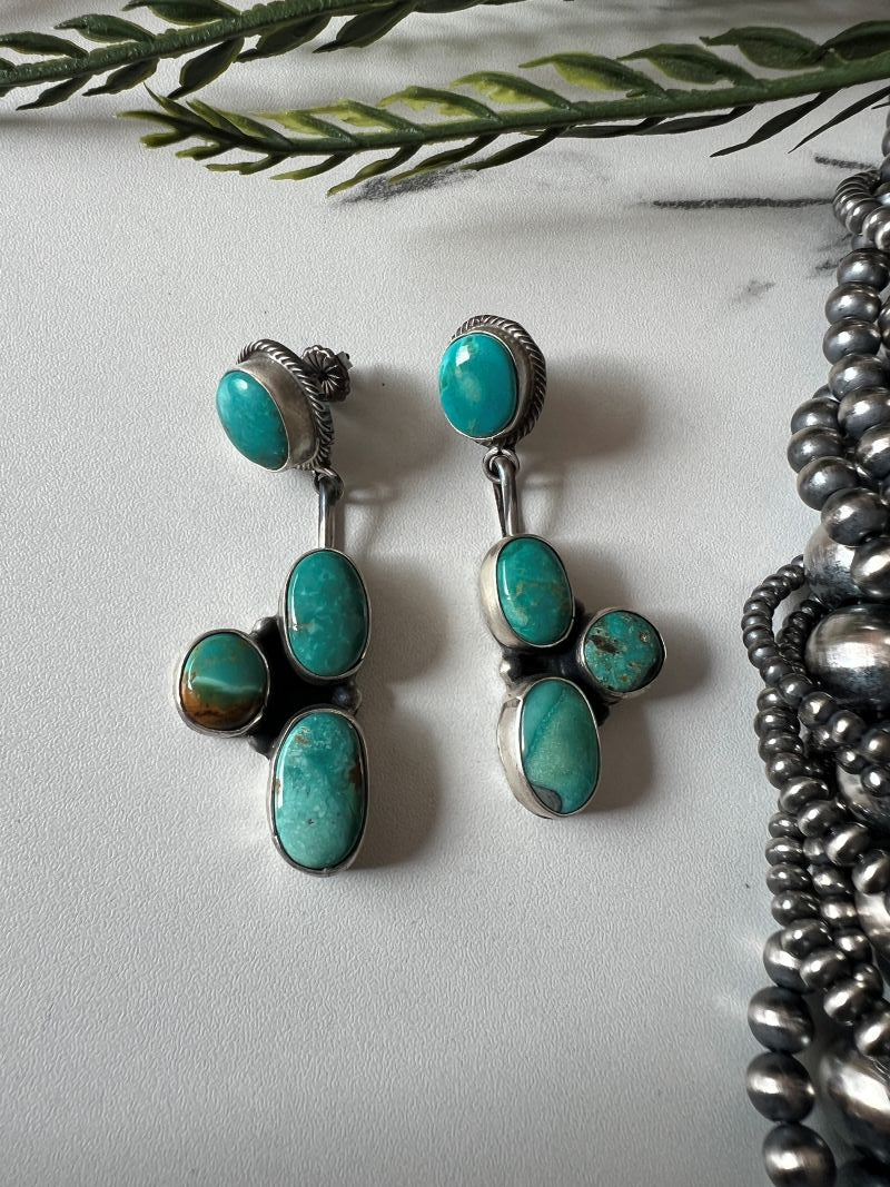 Daniel Benally 4 - stone Turquoise Post Dangle Earrings - Sunset TQ Mountain