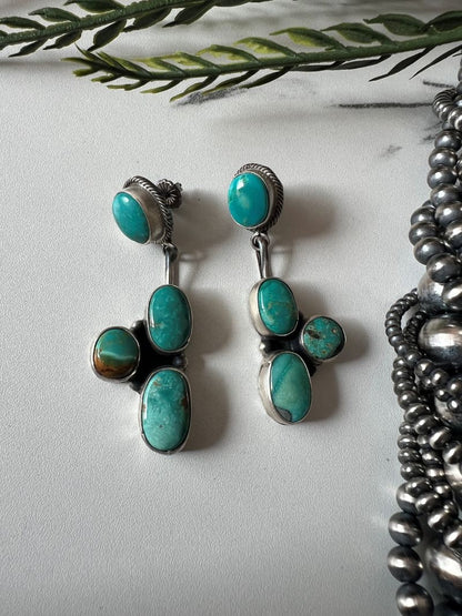 Daniel Benally 4 - stone Turquoise Post Dangle Earrings - Sunset TQ Mountain