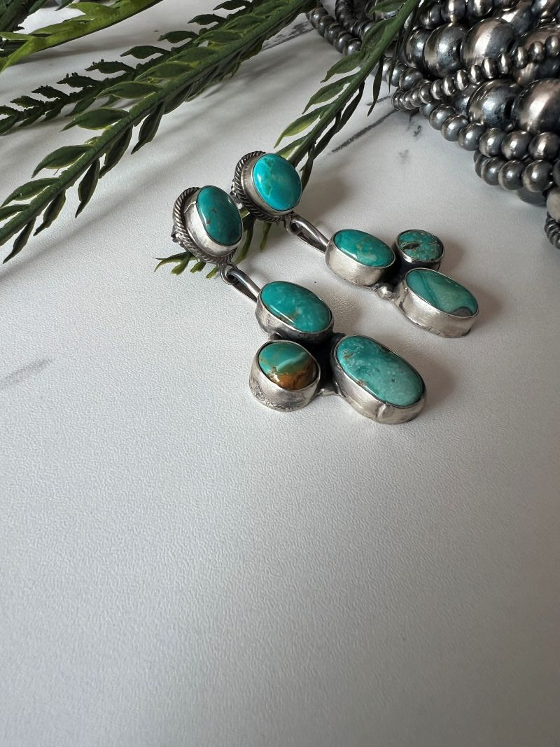 Daniel Benally 4 - stone Turquoise Post Dangle Earrings - Sunset TQ Mountain