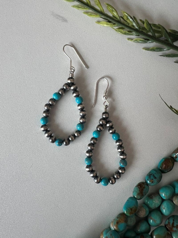 Desert Pearl and Blue Turquoise Round Dangle Earrings - Sunset TQ Mountain