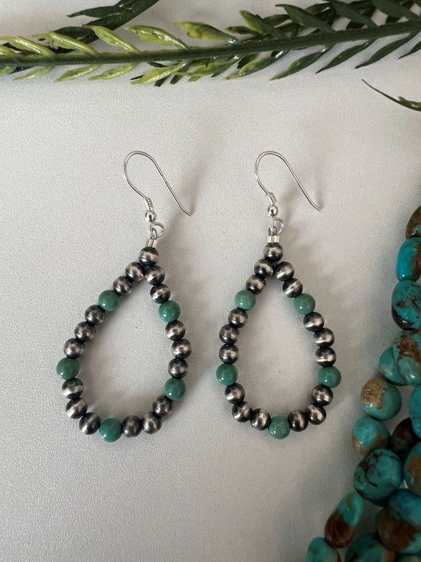 Desert Pearl and Green Turquoise Round Dangle Earrings - Sunset TQ Mountain