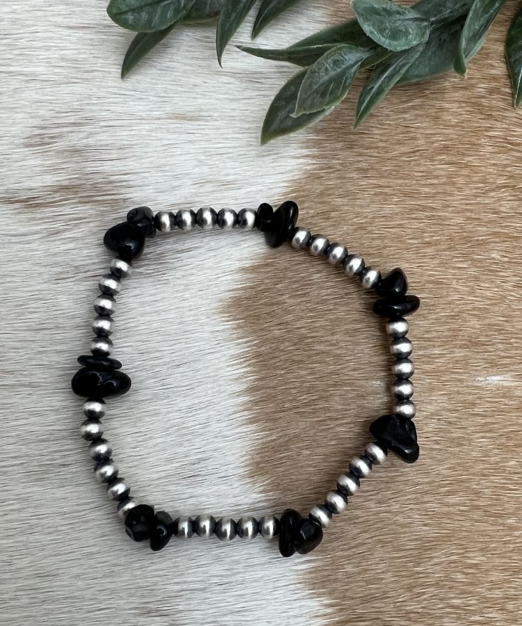 Desert Pearls & Black Onyx Nuggets Stretch Bracelet - Sunset TQ Mountain