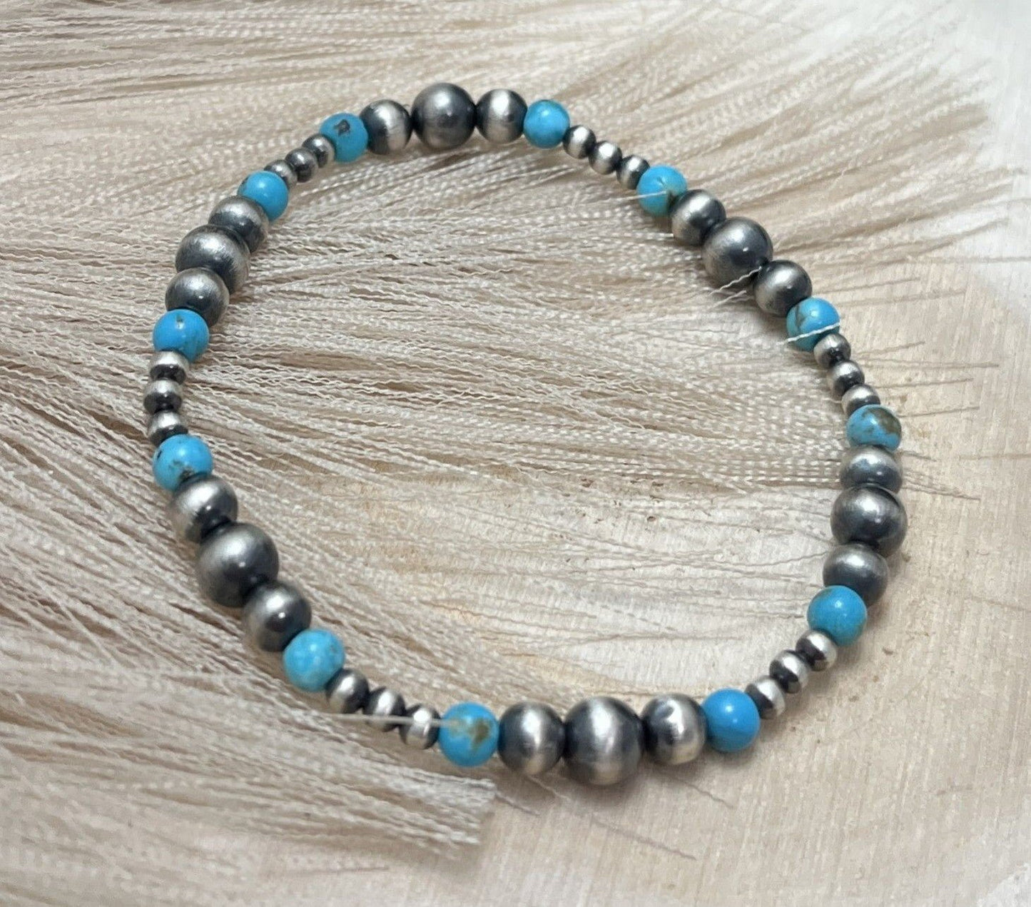 Desert Pearls & Blue Turquoise Graduated Stretch Bracelet - Sunset TQ Mountain