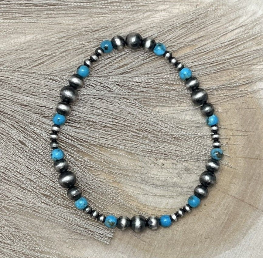 Desert Pearls & Blue Turquoise Graduated Stretch Bracelet - Sunset TQ Mountain