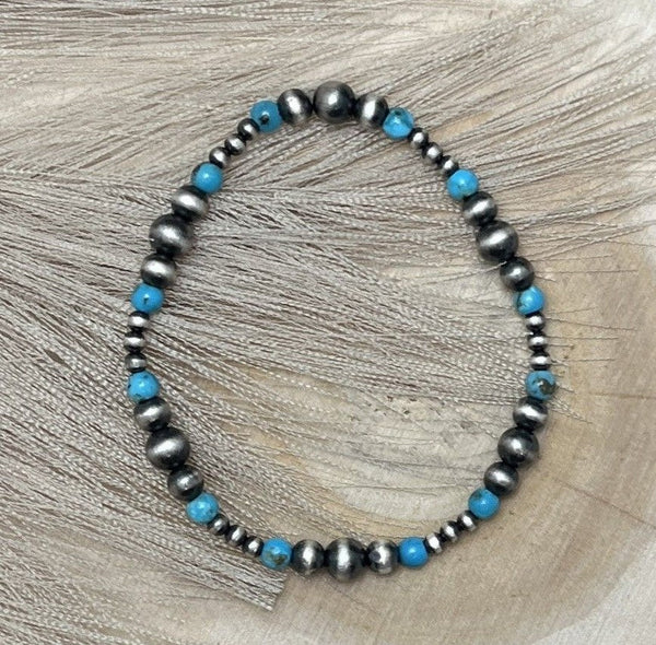 Desert Pearls & Blue Turquoise Graduated Stretch Bracelet - Sunset TQ Mountain