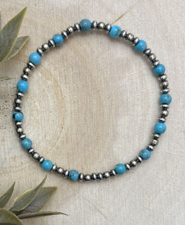 Desert Pearls & Blue Turquoise Stretch Bracelet - Sunset TQ Mountain