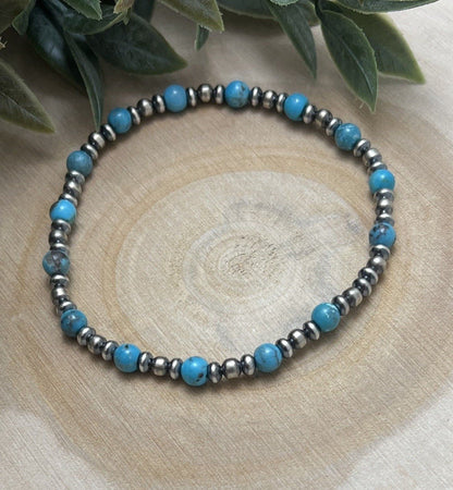 Desert Pearls & Blue Turquoise Stretch Bracelet - Sunset TQ Mountain