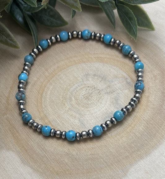 Desert Pearls & Blue Turquoise Stretch Bracelet - Sunset TQ Mountain