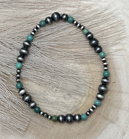 Desert Pearls & Green Turquoise Graduated Stretch Bracelet - Sunset TQ Mountain